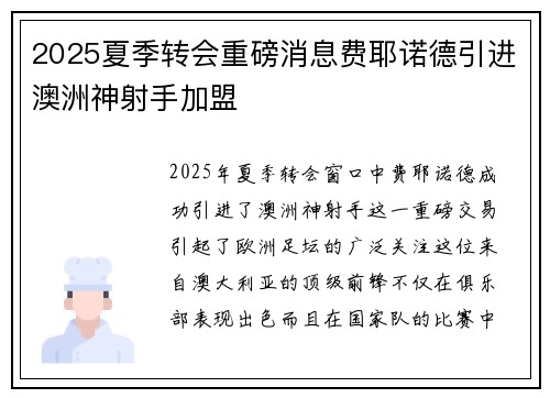 2025夏季转会重磅消息费耶诺德引进澳洲神射手加盟 2025夏季转会重磅消息费耶诺德引进澳洲神射手加盟