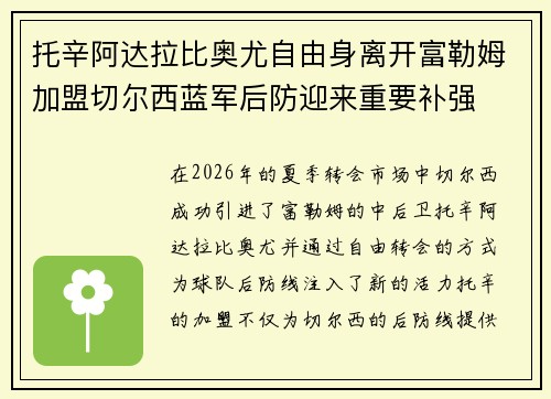 托辛阿达拉比奥尤自由身离开富勒姆加盟切尔西蓝军后防迎来重要补强